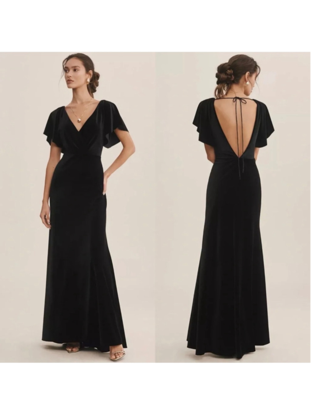 Jenny Yoo Black Velvet Flutter Sleeve V Neck Maxi Dress Size 8 NEW